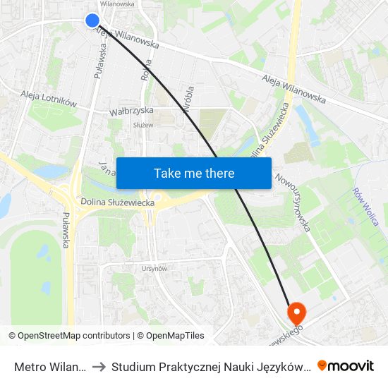 Metro Wilanowska 08 to Studium Praktycznej Nauki Języków Obcych (SPNJO) SGGW map