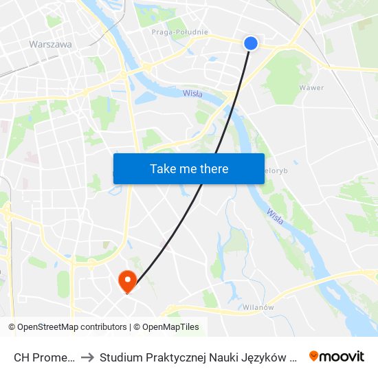 CH Promenada to Studium Praktycznej Nauki Języków Obcych (SPNJO) SGGW map