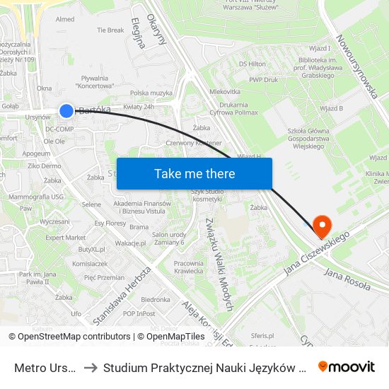 Metro Ursynów to Studium Praktycznej Nauki Języków Obcych (SPNJO) SGGW map