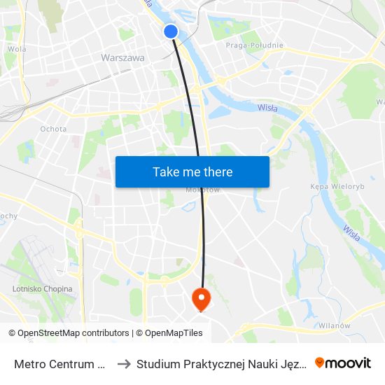 Metro Centrum Nauki Kopernik to Studium Praktycznej Nauki Języków Obcych (SPNJO) SGGW map