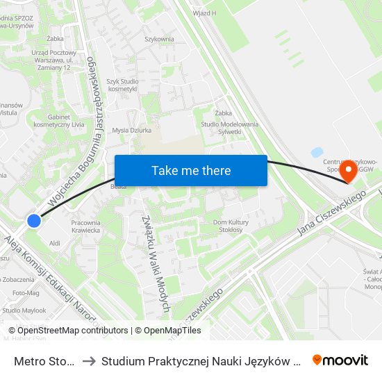 Metro Stokłosy 01 to Studium Praktycznej Nauki Języków Obcych (SPNJO) SGGW map