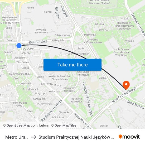 Metro Ursynów to Studium Praktycznej Nauki Języków Obcych (SPNJO) SGGW map