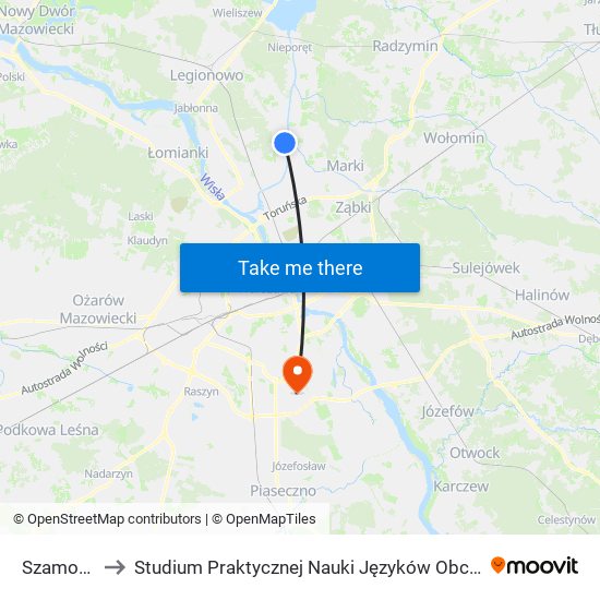 Szamocin to Studium Praktycznej Nauki Języków Obcych (SPNJO) SGGW map