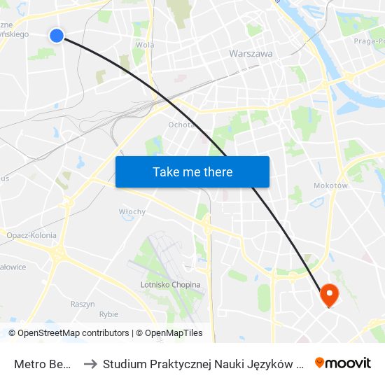 Metro Bemowo 06 to Studium Praktycznej Nauki Języków Obcych (SPNJO) SGGW map