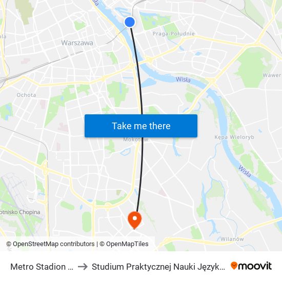 Metro Stadion Narodowy 07 to Studium Praktycznej Nauki Języków Obcych (SPNJO) SGGW map