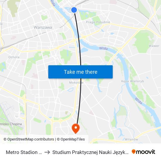 Metro Stadion Narodowy 02 to Studium Praktycznej Nauki Języków Obcych (SPNJO) SGGW map