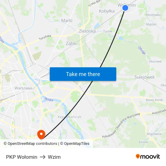 PKP Wołomin to Wzim map