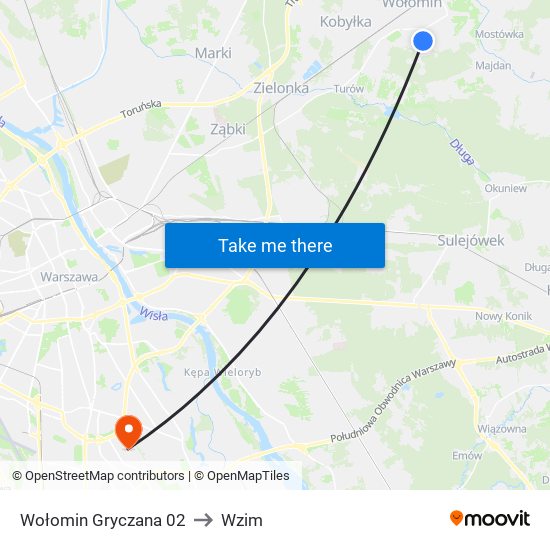 Wołomin Gryczana to Wzim map