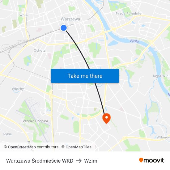 Warszawa Śródmieście WKD to Wzim map