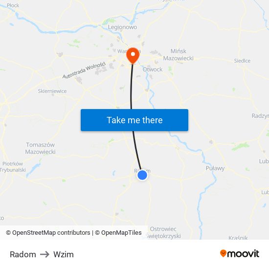 Radom to Wzim map