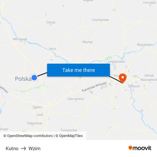 Kutno to Wzim map