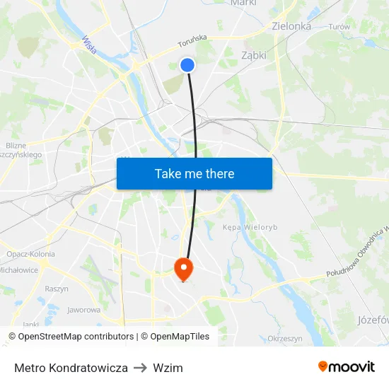 Metro Kondratowicza to Wzim map