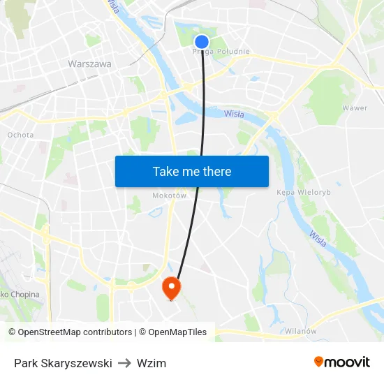Park Skaryszewski to Wzim map