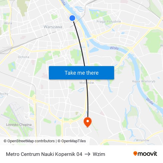 Metro Centrum Nauki Kopernik to Wzim map