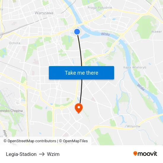 Legia - Stadion to Wzim map
