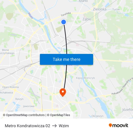 Metro Kondratowicza to Wzim map