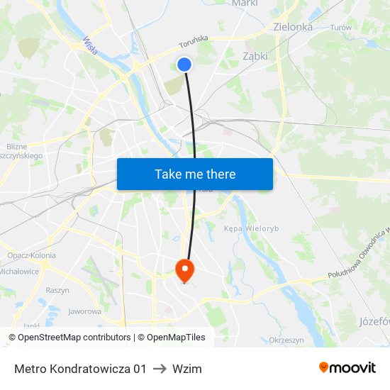 Metro Kondratowicza to Wzim map