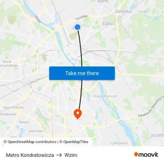 Metro Kondratowicza to Wzim map