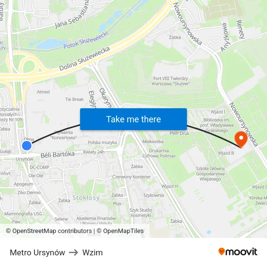 Metro Ursynów to Wzim map