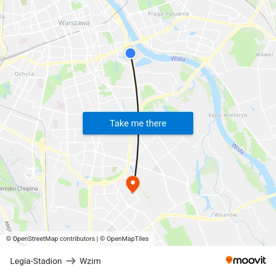 Legia - Stadion to Wzim map