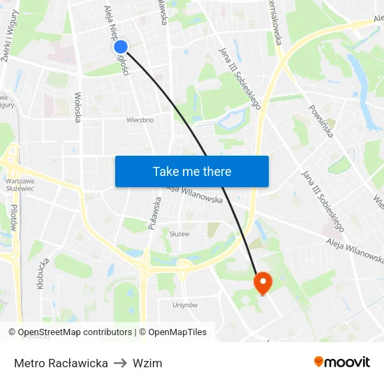Metro Racławicka to Wzim map