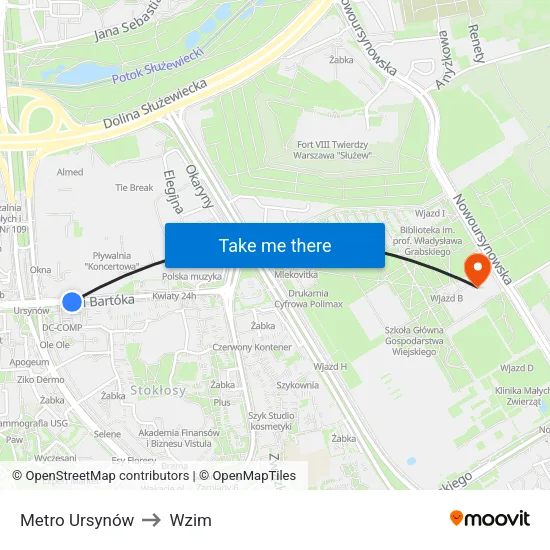 Metro Ursynów to Wzim map