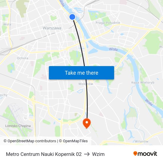 Metro Centrum Nauki Kopernik to Wzim map