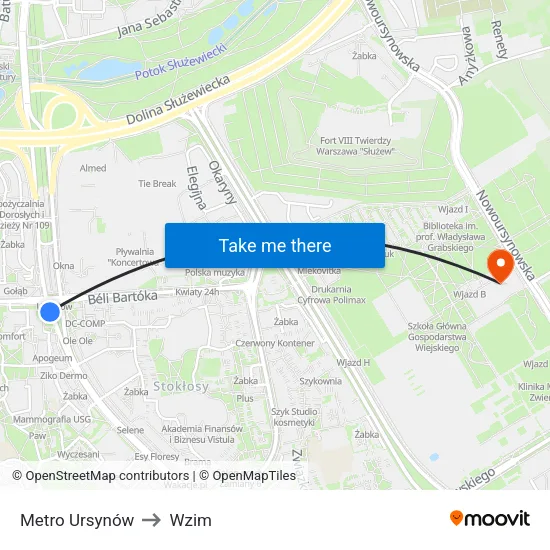 Metro Ursynów to Wzim map