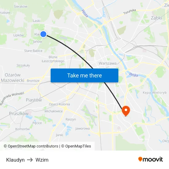 Klaudyn to Wzim map