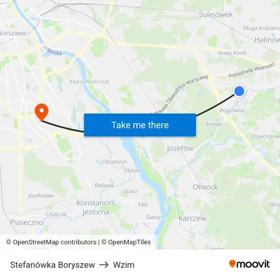 Stefanówka Boryszew to Wzim map