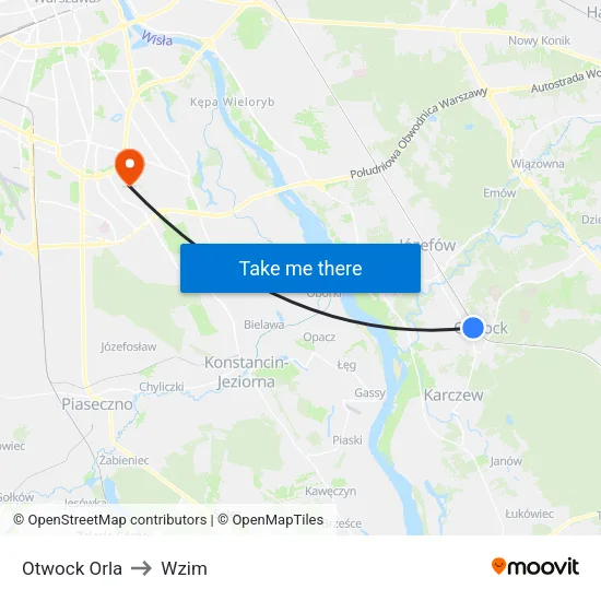 Otwock Orla to Wzim map
