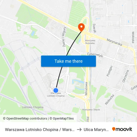 Warszawa Lotnisko Chopina / Warsaw Airport to Ulica Marynarska map