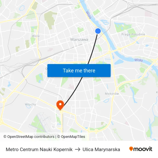 Metro Centrum Nauki Kopernik to Ulica Marynarska map