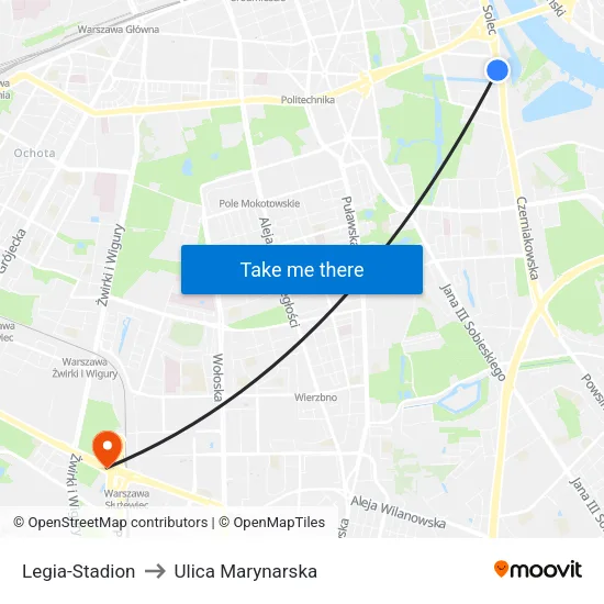Legia - Stadion to Ulica Marynarska map