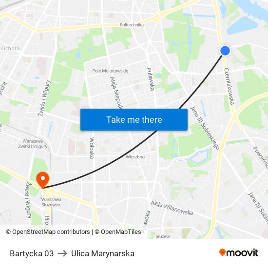 Bartycka to Ulica Marynarska map