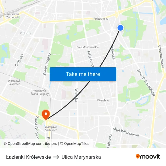 Łazienki Królewskie to Ulica Marynarska map