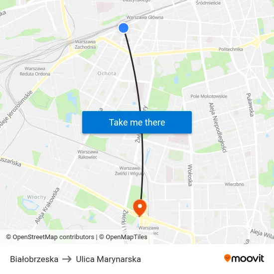 Białobrzeska to Ulica Marynarska map