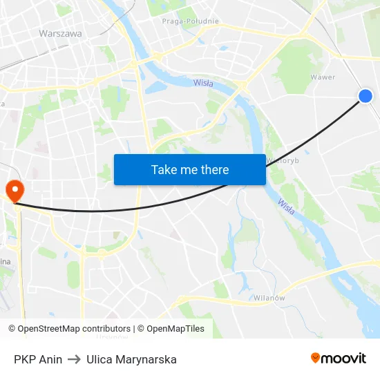 PKP Anin to Ulica Marynarska map