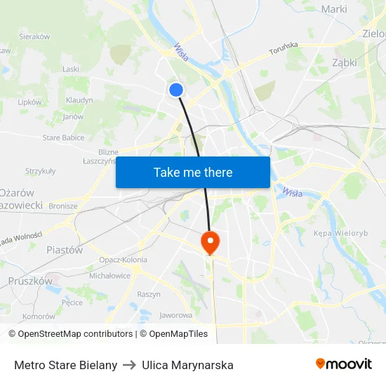 Metro Stare Bielany to Ulica Marynarska map
