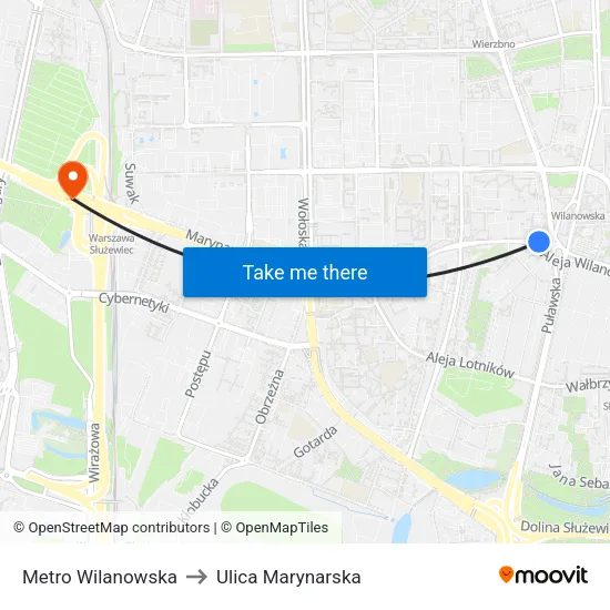 Metro Wilanowska to Ulica Marynarska map