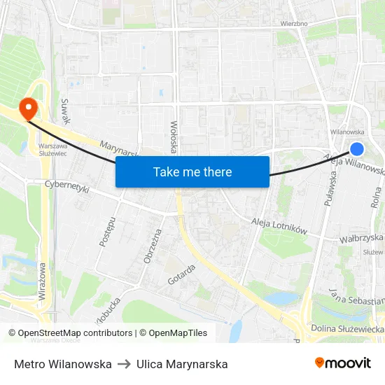 Metro Wilanowska to Ulica Marynarska map