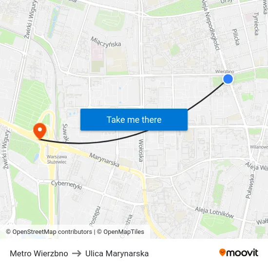 Metro Wierzbno to Ulica Marynarska map