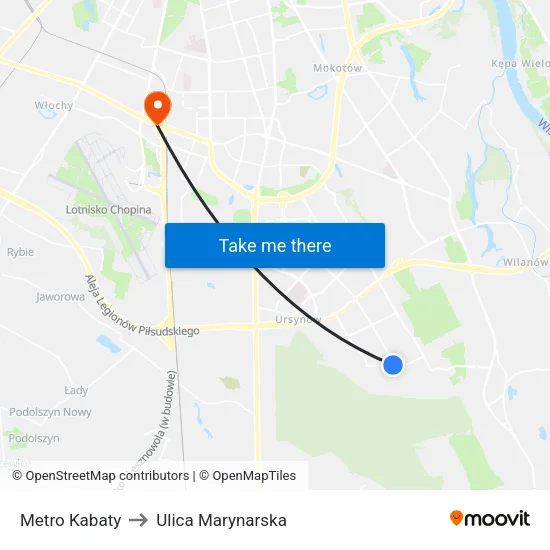 Metro Kabaty to Ulica Marynarska map
