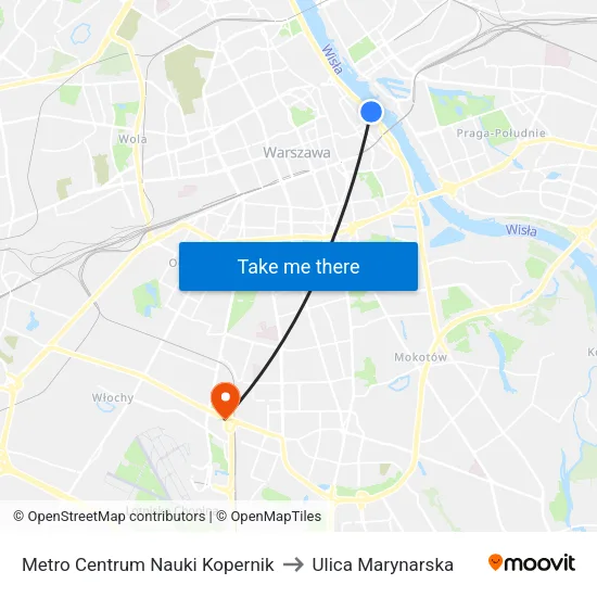 Metro Centrum Nauki Kopernik to Ulica Marynarska map
