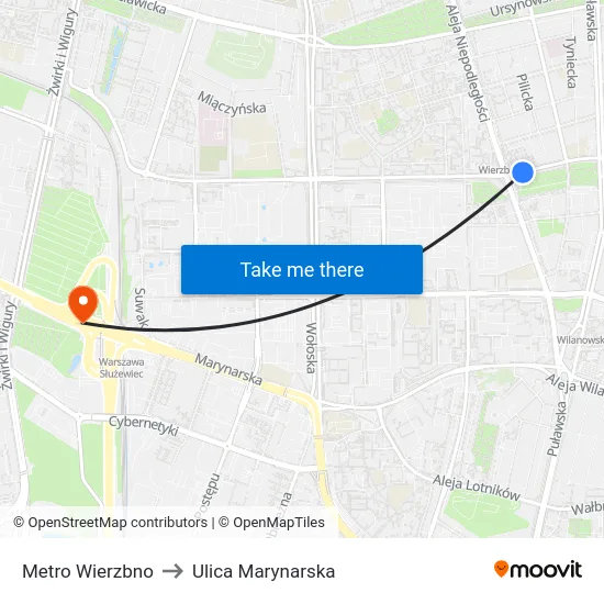 Metro Wierzbno to Ulica Marynarska map