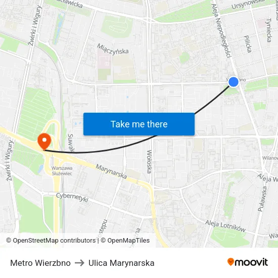 Metro Wierzbno to Ulica Marynarska map