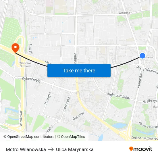 Metro Wilanowska to Ulica Marynarska map