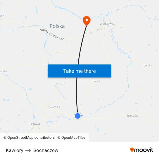 Kawiory to Sochaczew map