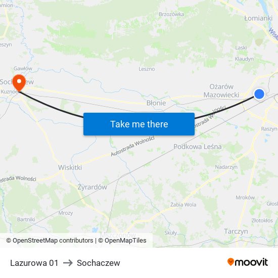 Lazurowa to Sochaczew map