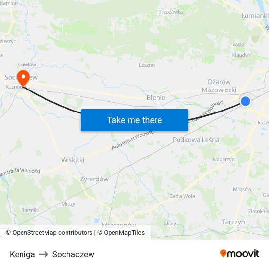 Keniga to Sochaczew map